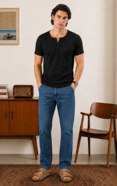BLACK RIBBED HENLEY