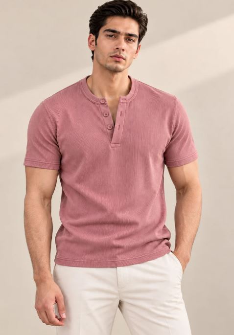 DUSKY PINK RIBBED HENLEY