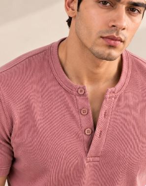 DUSKY PINK RIBBED HENLEY